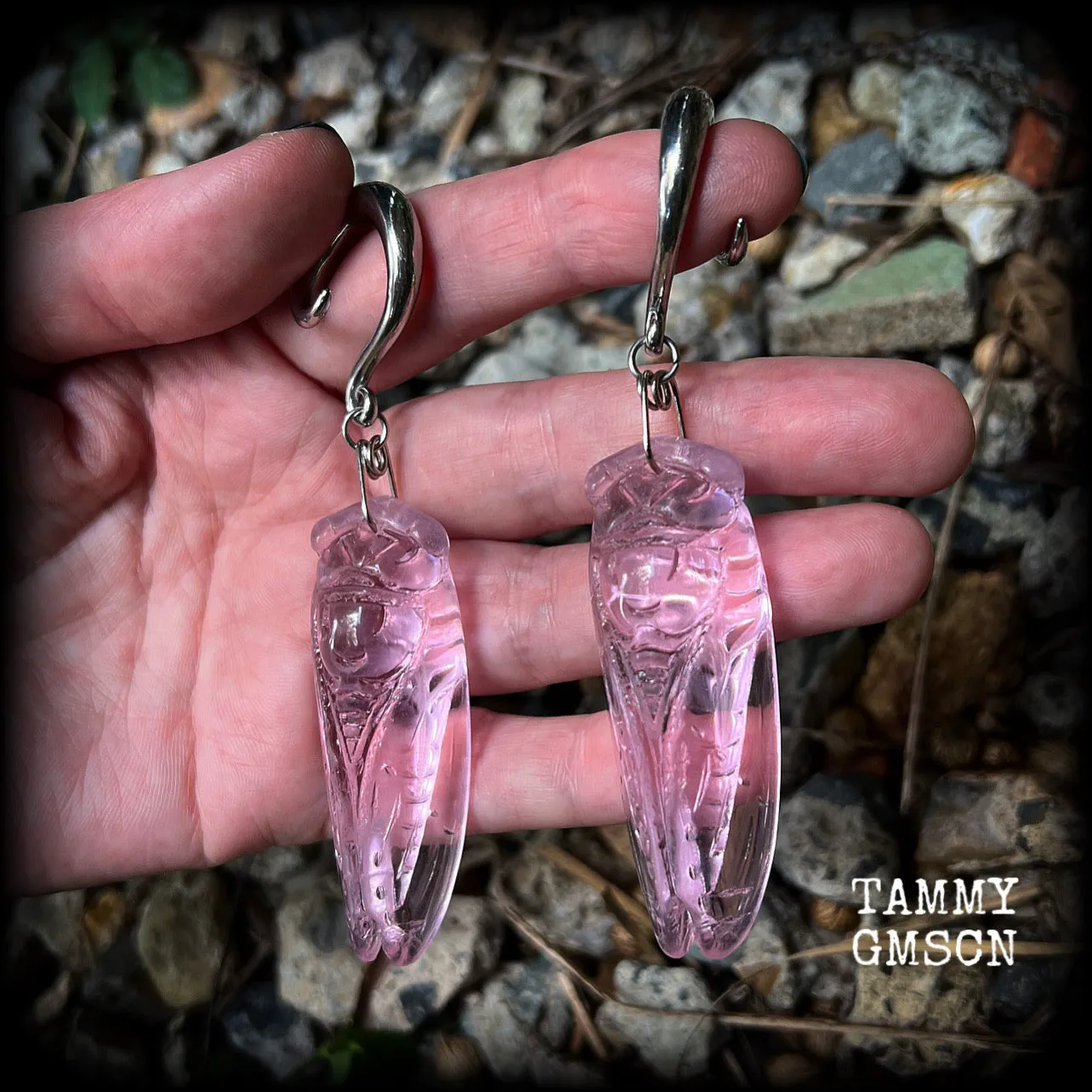 Pink quartz cicada gauged earrings-Insect ear weights