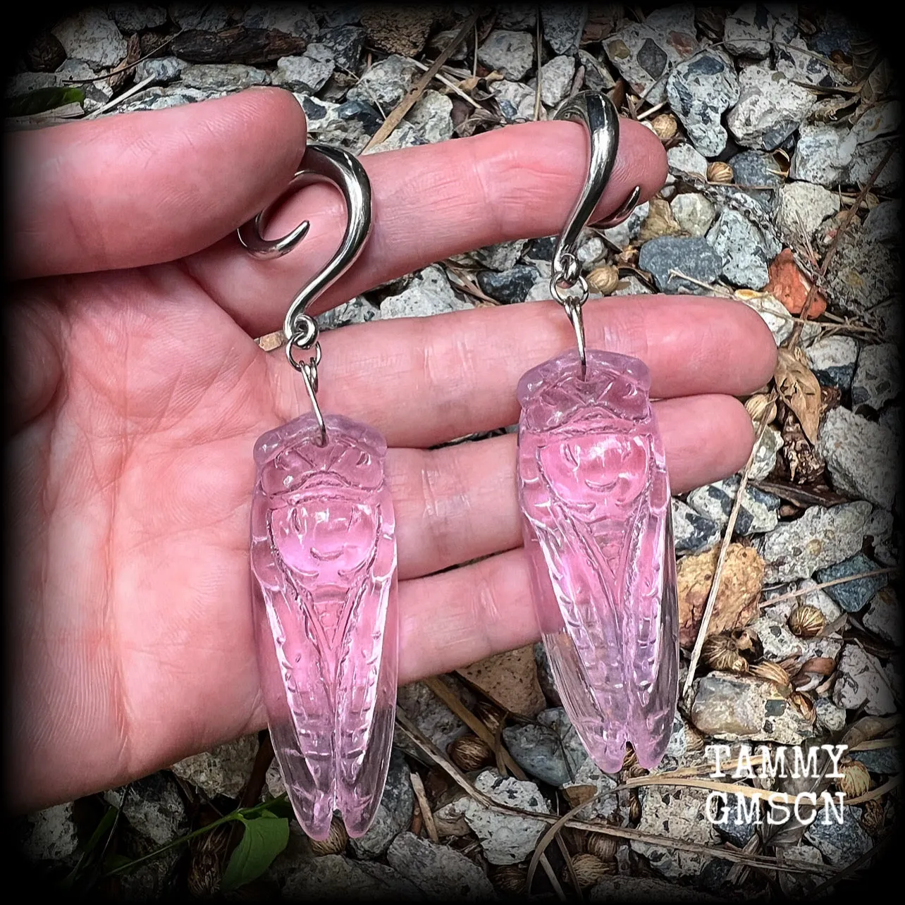 Pink quartz cicada gauged earrings-Insect ear weights