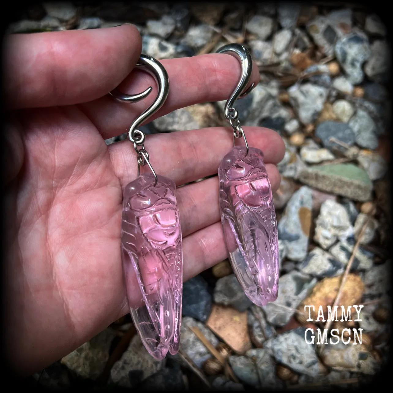 Pink quartz cicada gauged earrings-Insect ear weights