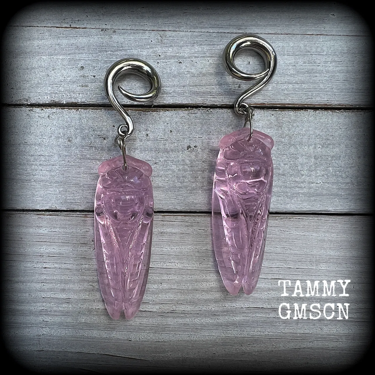 Pink quartz cicada gauged earrings-Insect ear weights