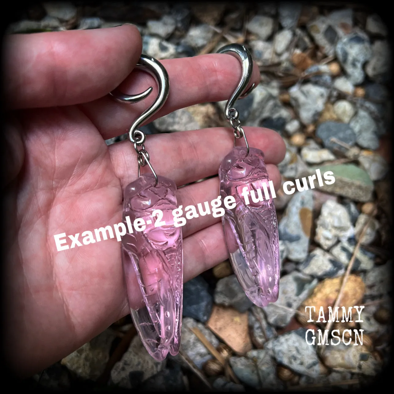 Pink quartz cicada gauged earrings-Insect ear weights