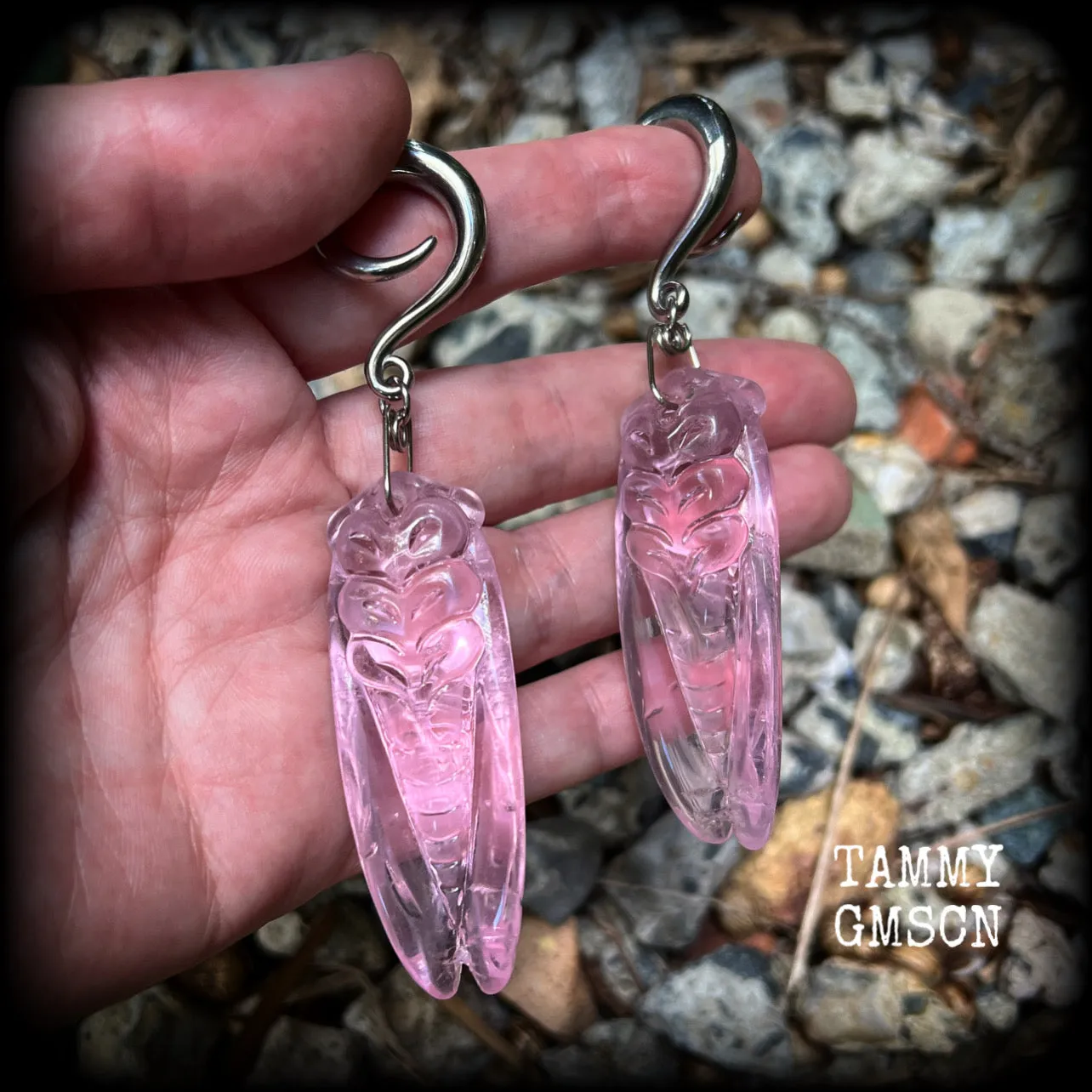 Pink quartz cicada gauged earrings-Insect ear weights