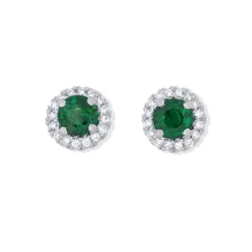 PLATINUM 2 5MM ROUND EMERALDS=1.12CTS AND 32 FULL CUT DIAMONDS=0.18CTS HALO STUD EARRINGS