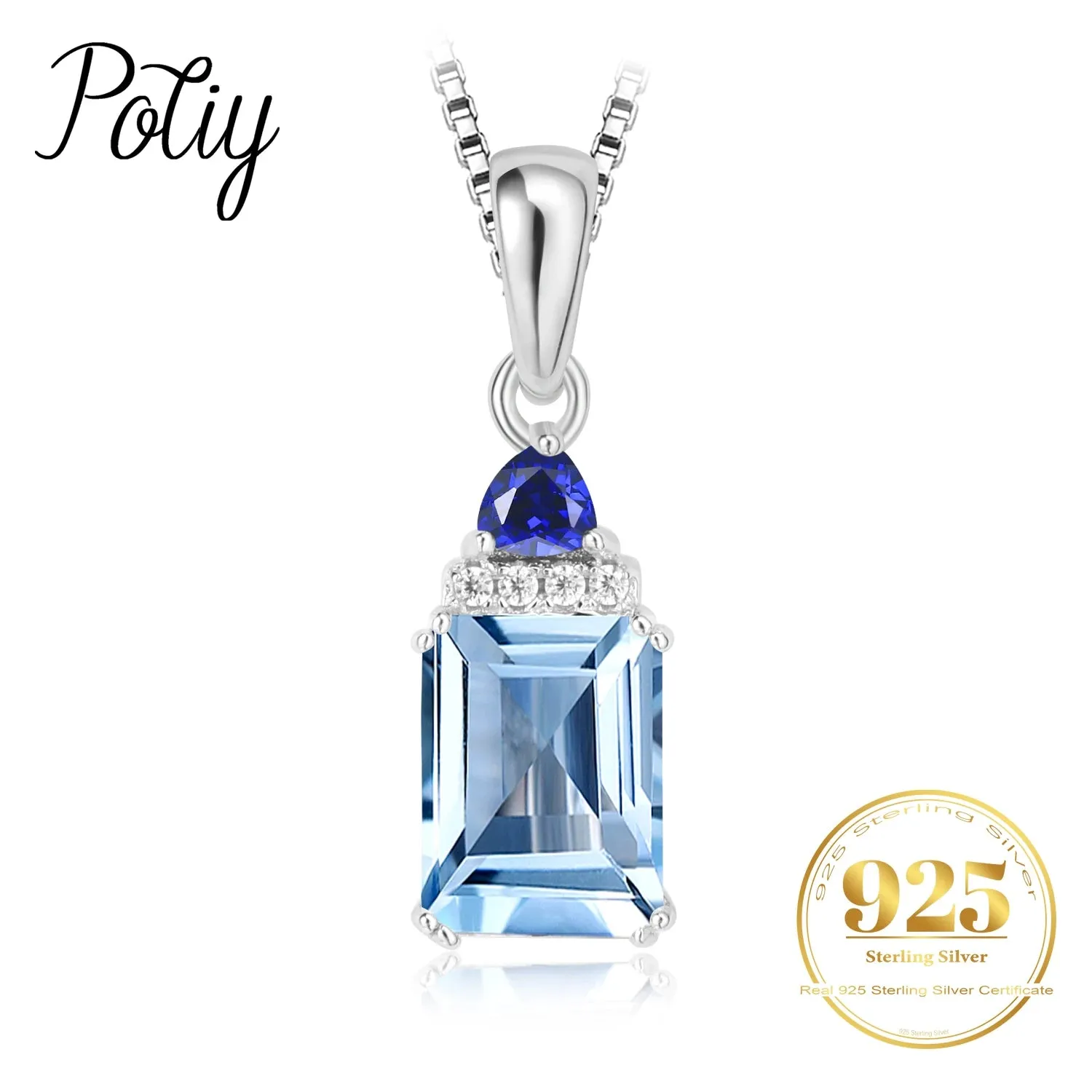 Potiy Emerald Cut Sky Blue Topaz Created Sapphire 925 Sterling Silver Pendant Necklace for Woman Without Chain Daily Jewelry