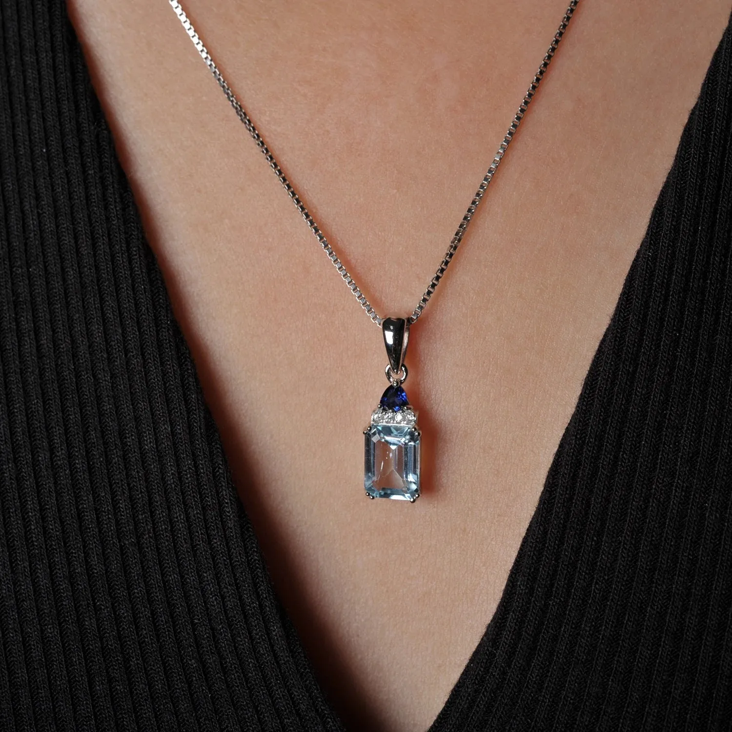 Potiy Emerald Cut Sky Blue Topaz Created Sapphire 925 Sterling Silver Pendant Necklace for Woman Without Chain Daily Jewelry