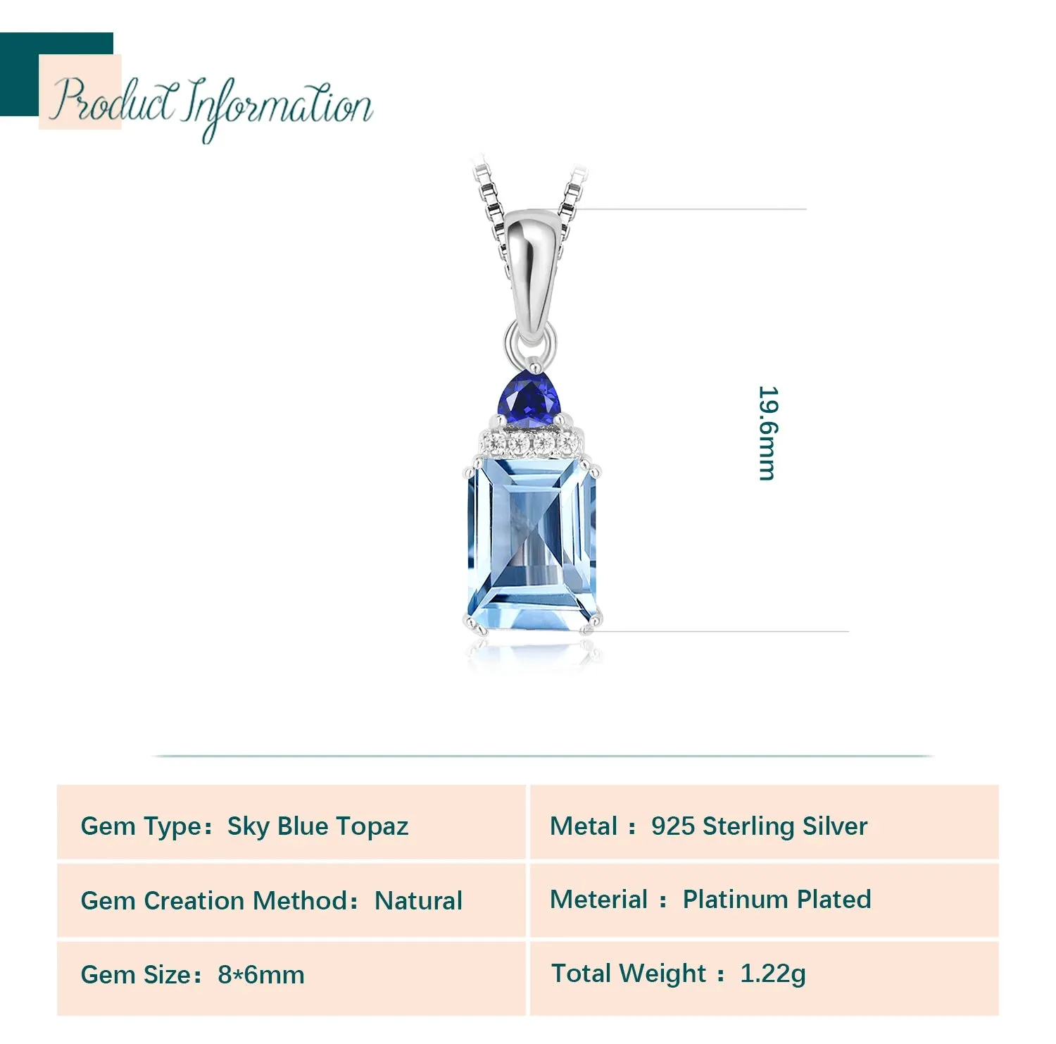 Potiy Emerald Cut Sky Blue Topaz Created Sapphire 925 Sterling Silver Pendant Necklace for Woman Without Chain Daily Jewelry