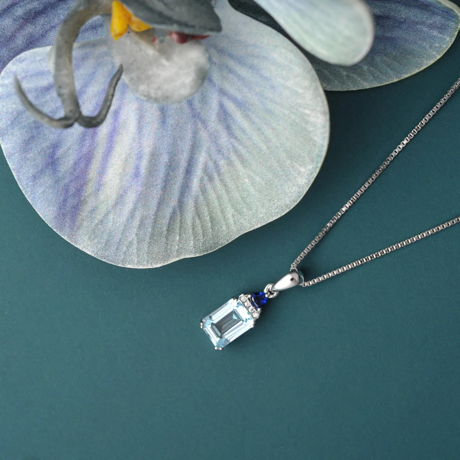 Potiy Emerald Cut Sky Blue Topaz Created Sapphire 925 Sterling Silver Pendant Necklace for Woman Without Chain Daily Jewelry