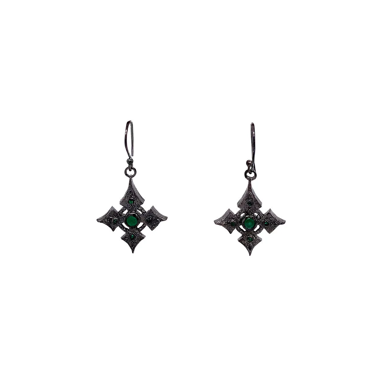 Raw Diamond Collection -  Silver and Black Rhodium Cross Earrings - Emerald