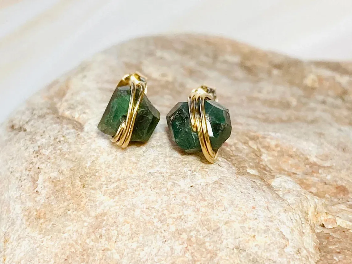 Raw Emerald Stud Earrings Organic Gemstone Stud Earrings