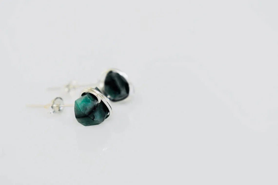 Raw Emerald Stud Earrings Organic Gemstone Stud Earrings