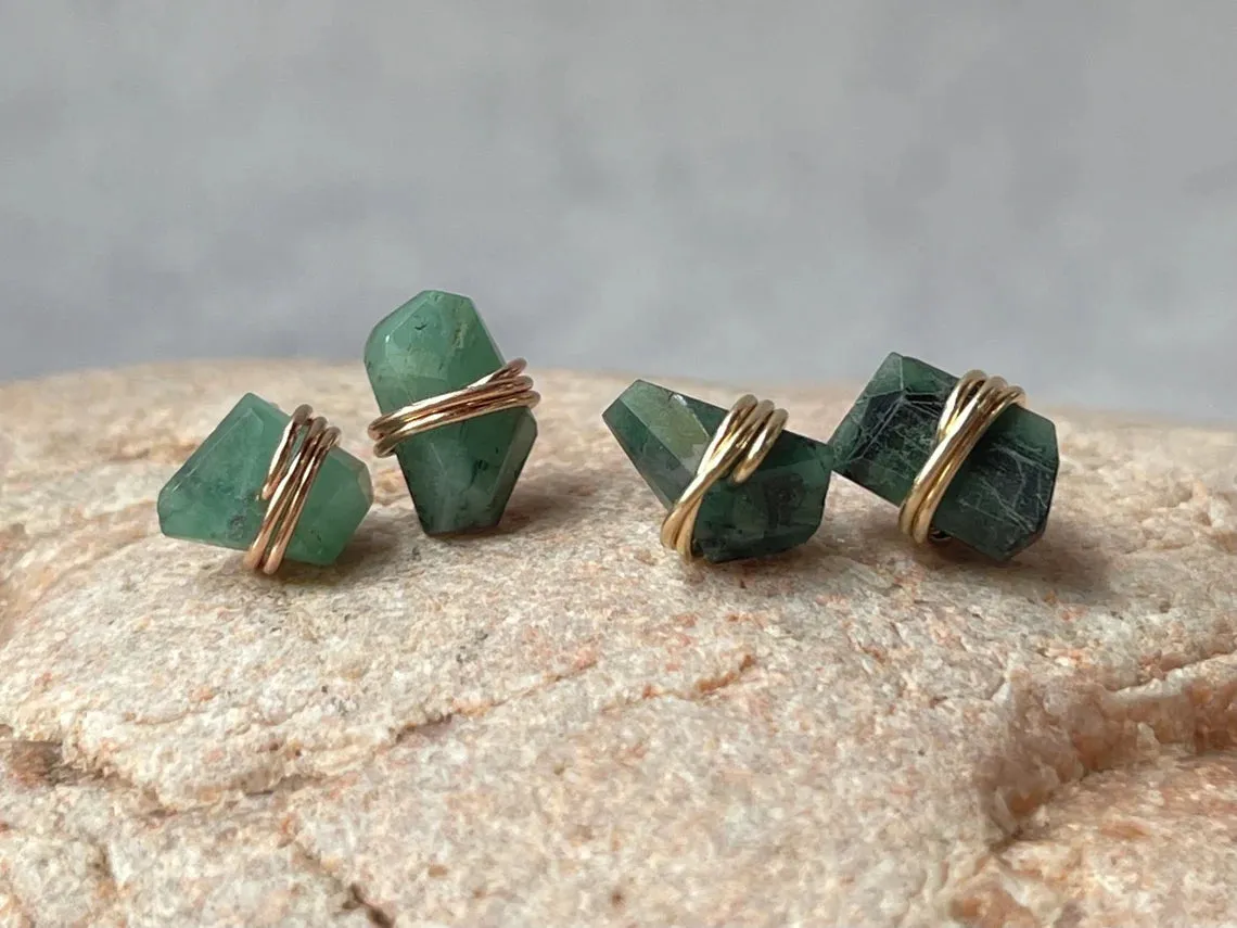 Raw Emerald Stud Earrings Organic Gemstone Stud Earrings