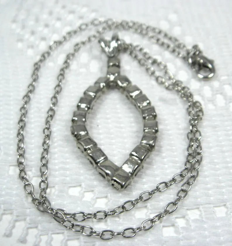 Rhinestone Pendant Necklace Navette Open Pendant 1970s Silvertone Chain