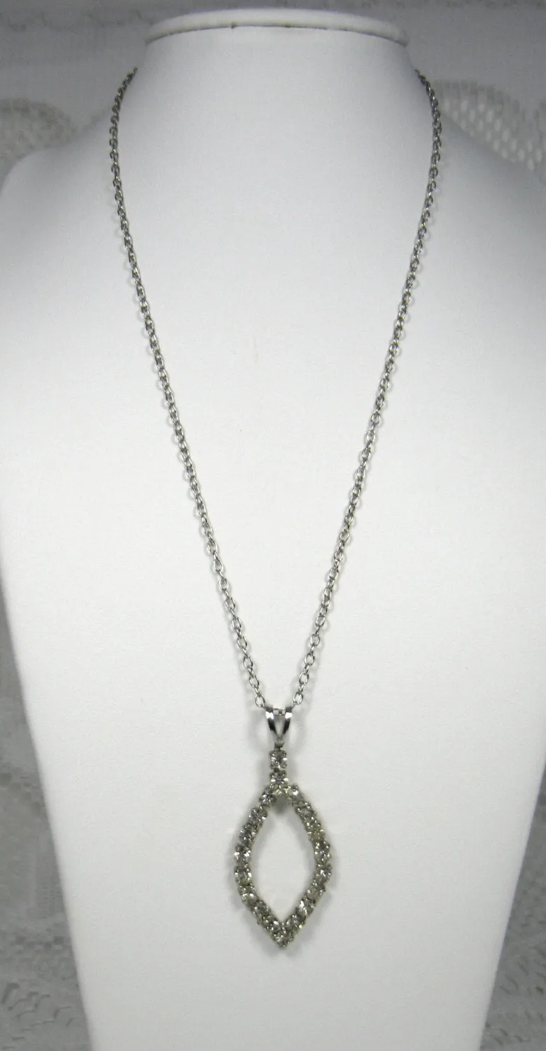 Rhinestone Pendant Necklace Navette Open Pendant 1970s Silvertone Chain