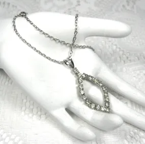 Rhinestone Pendant Necklace Navette Open Pendant 1970s Silvertone Chain