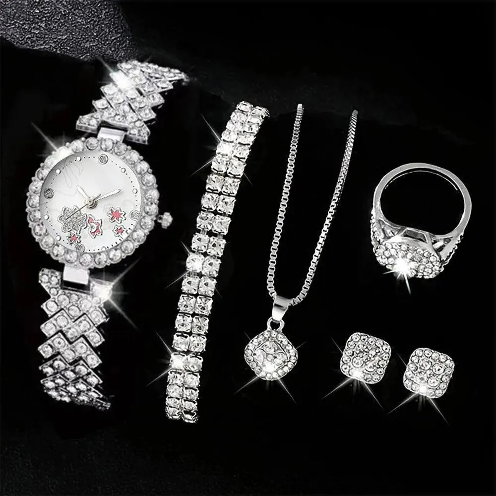 Rhinestone Quartz Women's Hip Hop Watch Set: Elegant Jewelry Ensemble