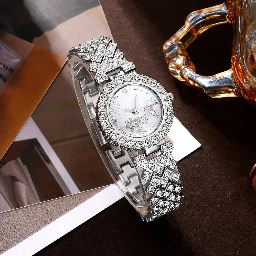 Rhinestone Quartz Women's Hip Hop Watch Set: Elegant Jewelry Ensemble