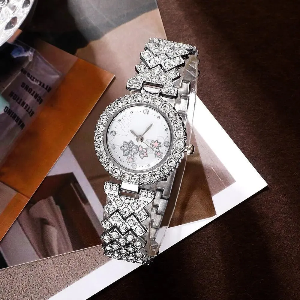 Rhinestone Quartz Women's Hip Hop Watch Set: Elegant Jewelry Ensemble