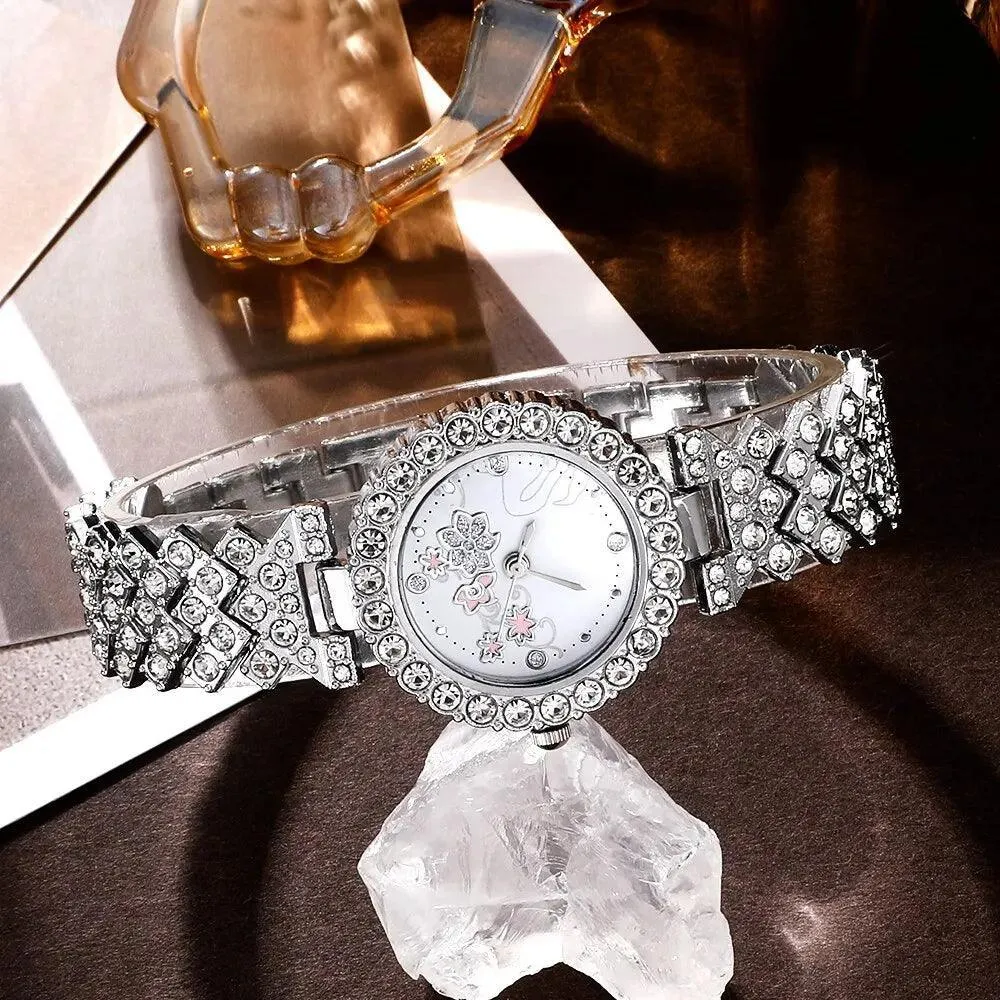 Rhinestone Quartz Women's Hip Hop Watch Set: Elegant Jewelry Ensemble