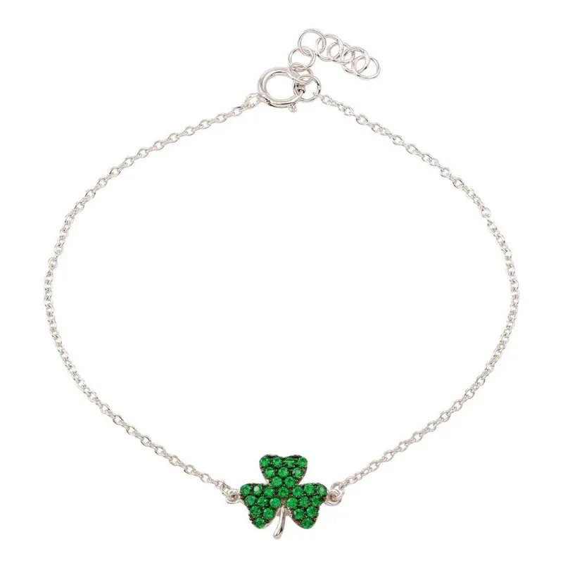 Rhodium Plated 925 Sterling Silver Clover Bracelet with Green CZ