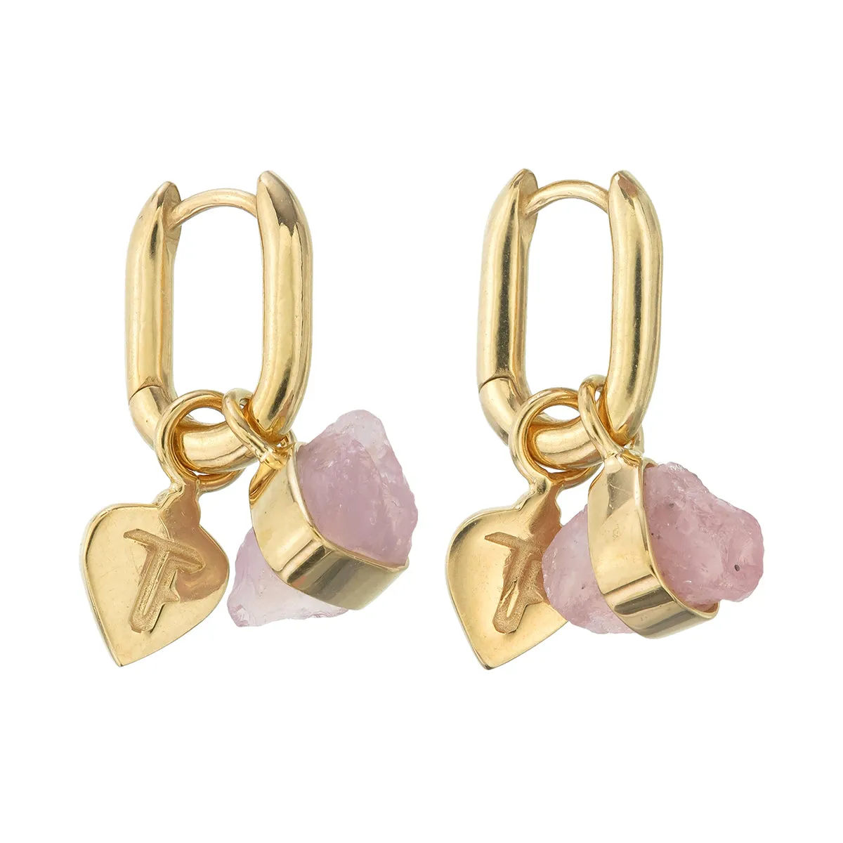 ROUGH GEM CHARM - OVAL HOOPS - ROSE QUARTZ - GOLD