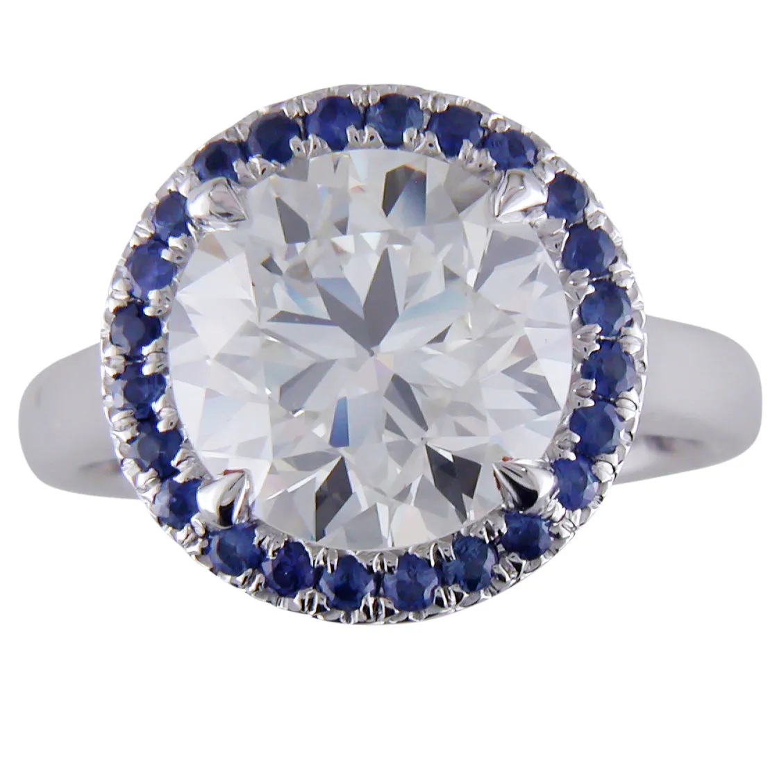 Round Center 3.70 Carat Diamond & Sapphire Halo Platinum Engagement or Cocktail Ring