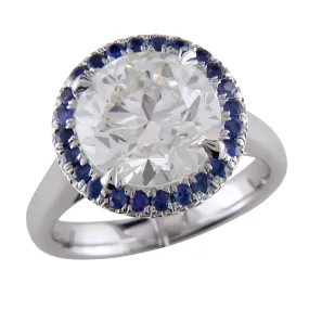 Round Center 3.70 Carat Diamond & Sapphire Halo Platinum Engagement or Cocktail Ring