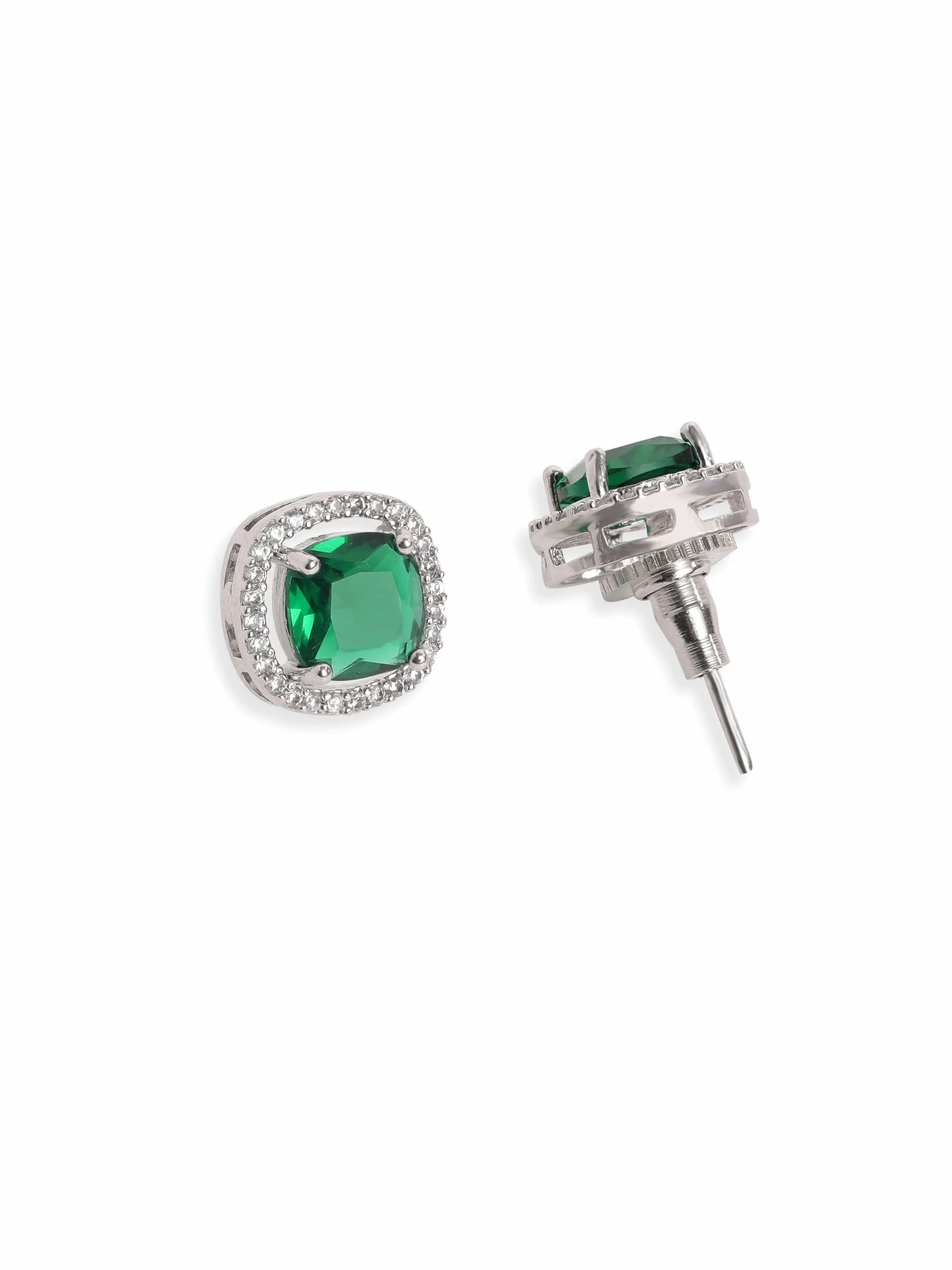 Rubans Rhodium plated Emerald green Zirconia stud Earring