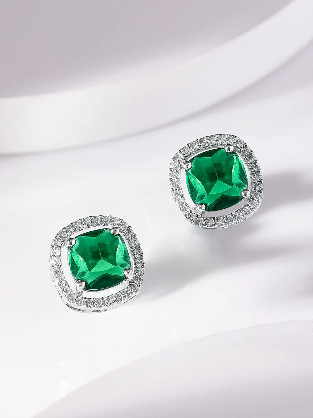 Rubans Rhodium plated Emerald green Zirconia stud Earring