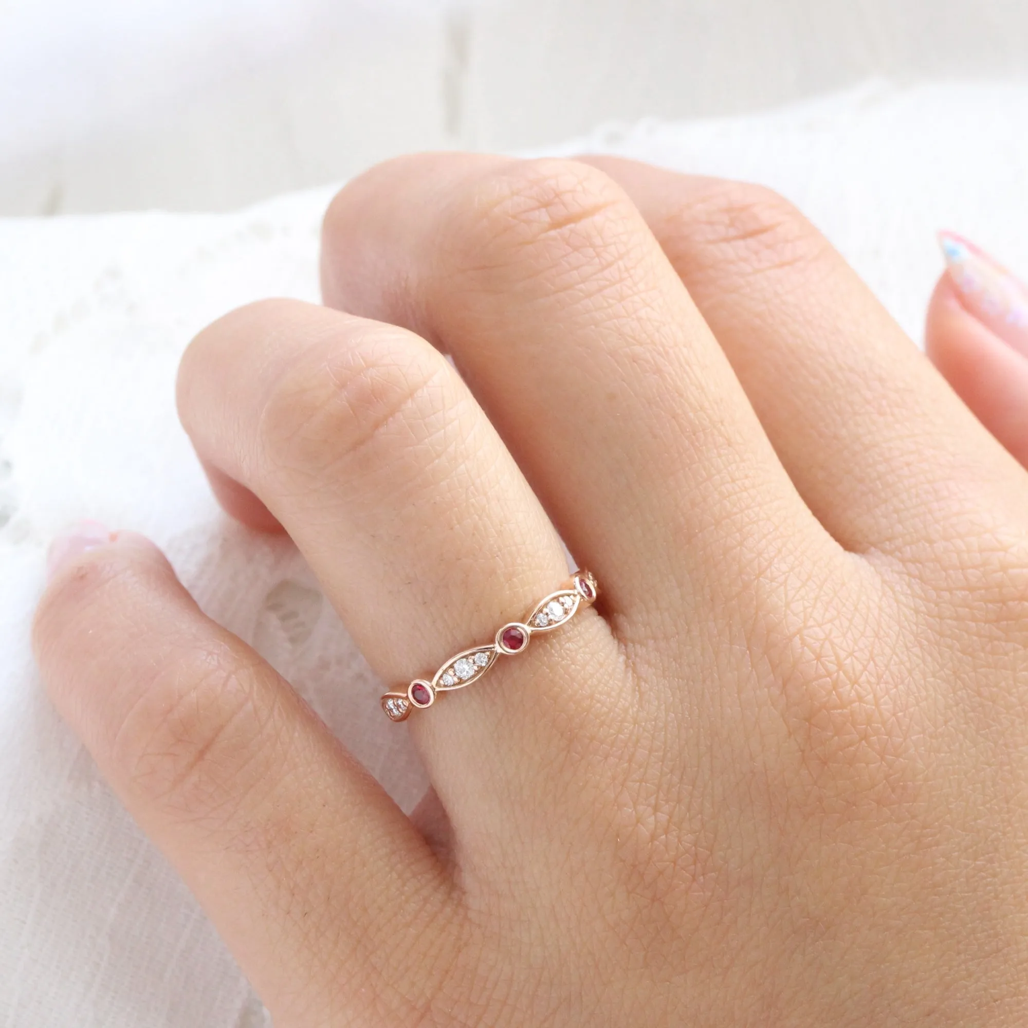 Ruby and Diamond Wedding Band in Scalloped Bezel Ring