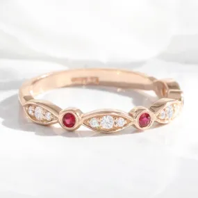 Ruby and Diamond Wedding Band in Scalloped Bezel Ring