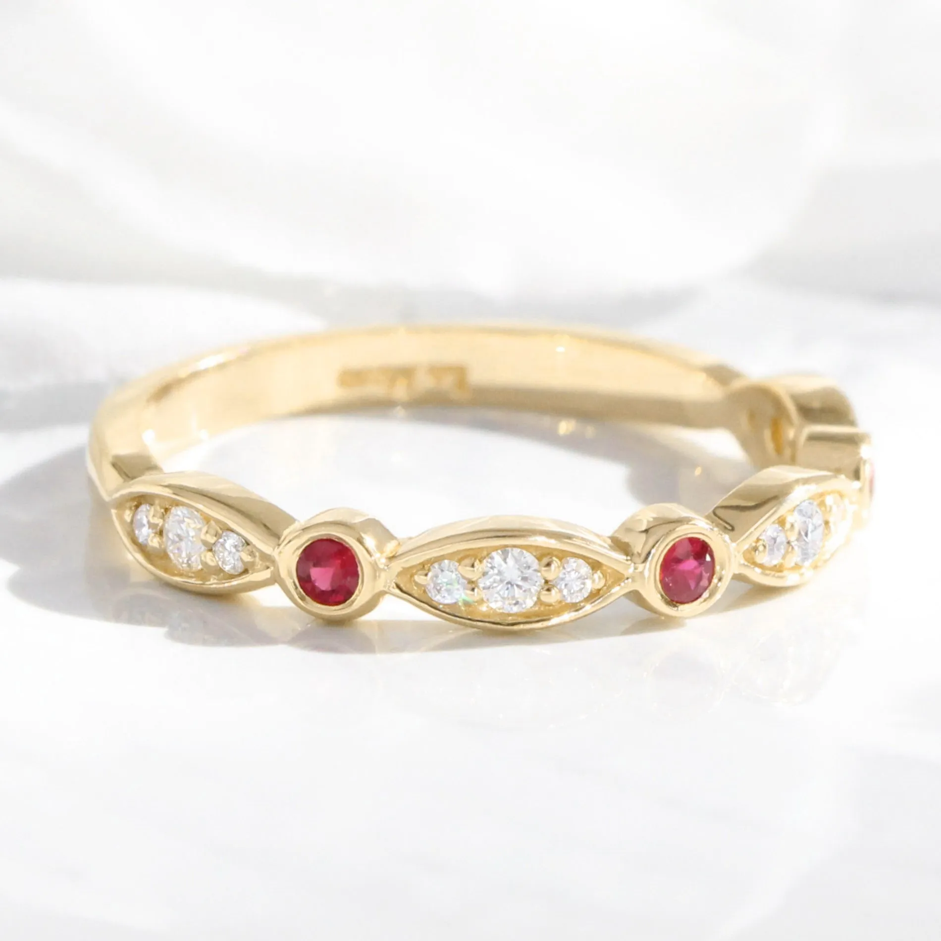 Ruby and Diamond Wedding Band in Scalloped Bezel Ring