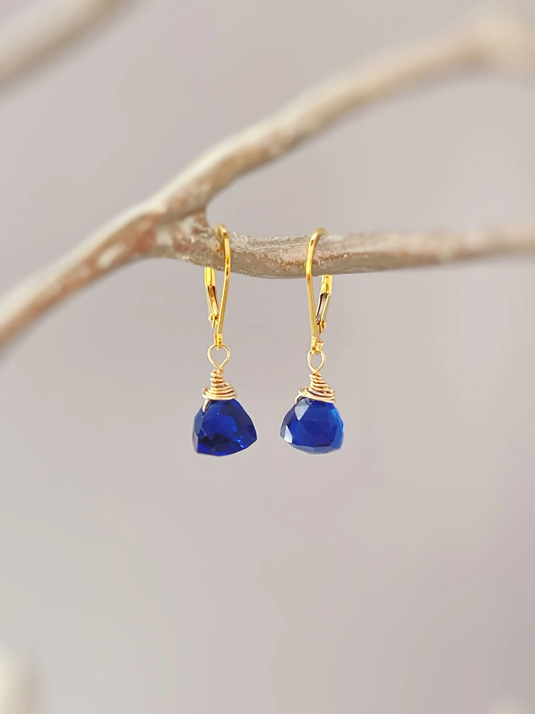 Sapphire Blue Quartz dangle earrings sterling silver, gold rose gold