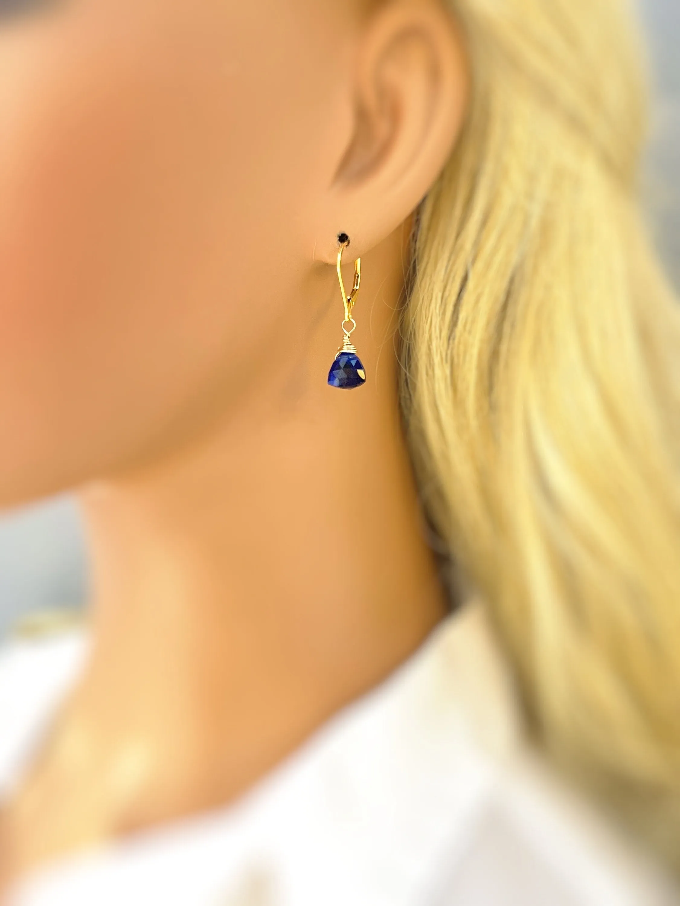 Sapphire Blue Quartz dangle earrings sterling silver, gold rose gold