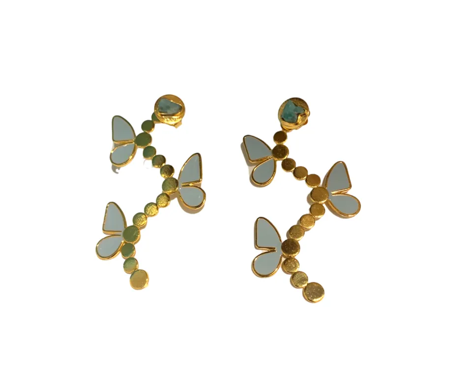 Sara Butterfly Collection Colombian Raw Emerald & 24k Gold Plated 2 In 1 Earrings