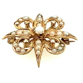 Seed Pearl Art Nouveau Style 9ct Yellow Gold Brooch