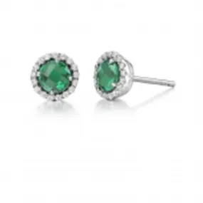 Simulated Emerald Stud Earrings with Simulated Diamond Halo