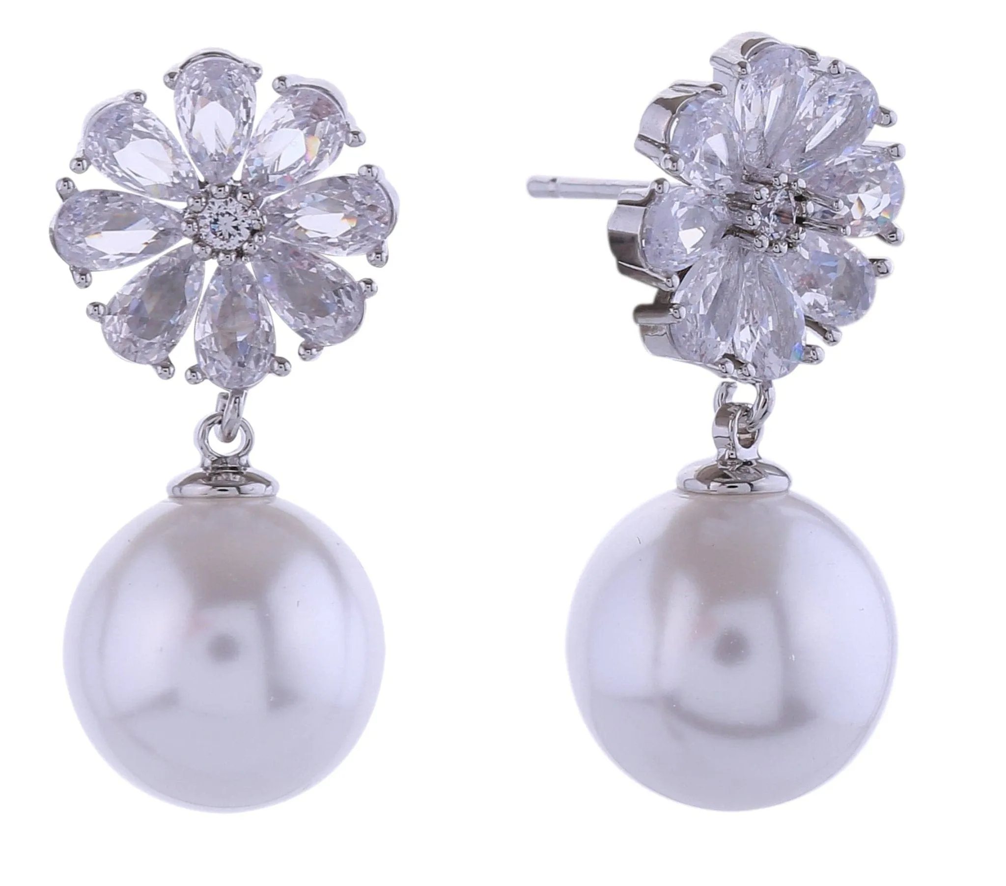 SJE310926 14K Flower Crystal Top Pearl Post Earrings