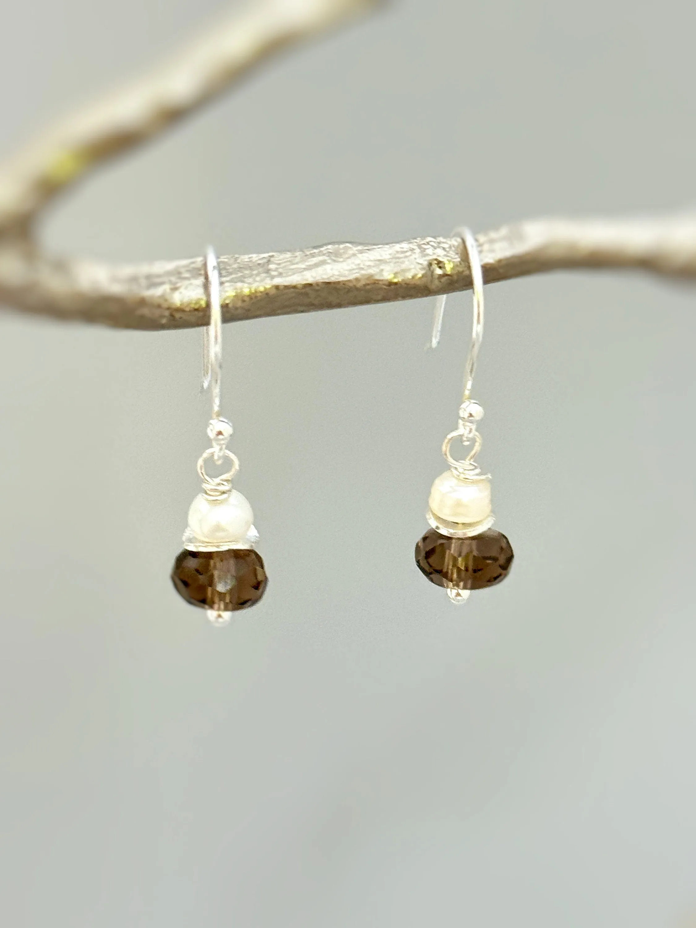 Smoky Quartz Freshwater Pearl Earrings dangle Sterling Silver