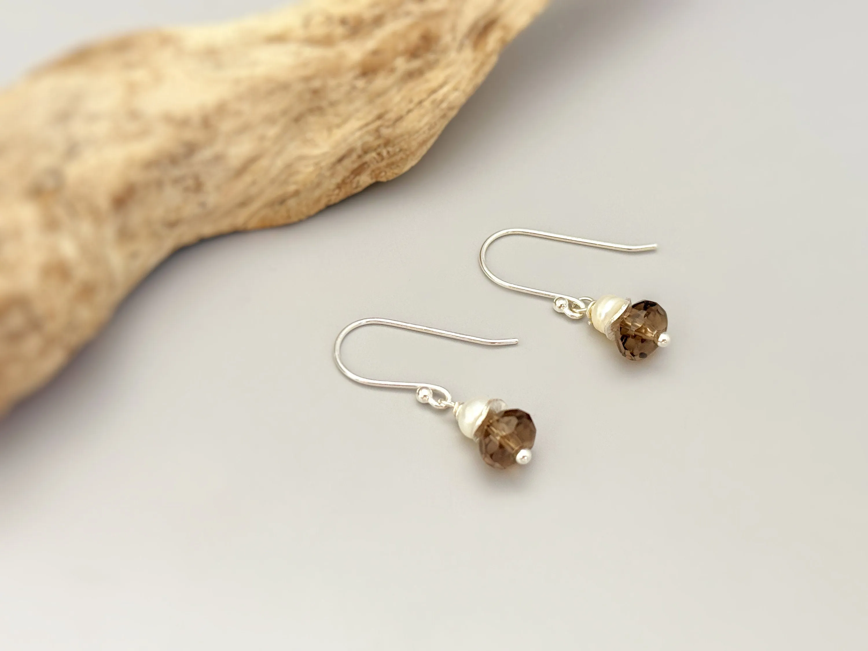 Smoky Quartz Freshwater Pearl Earrings dangle Sterling Silver