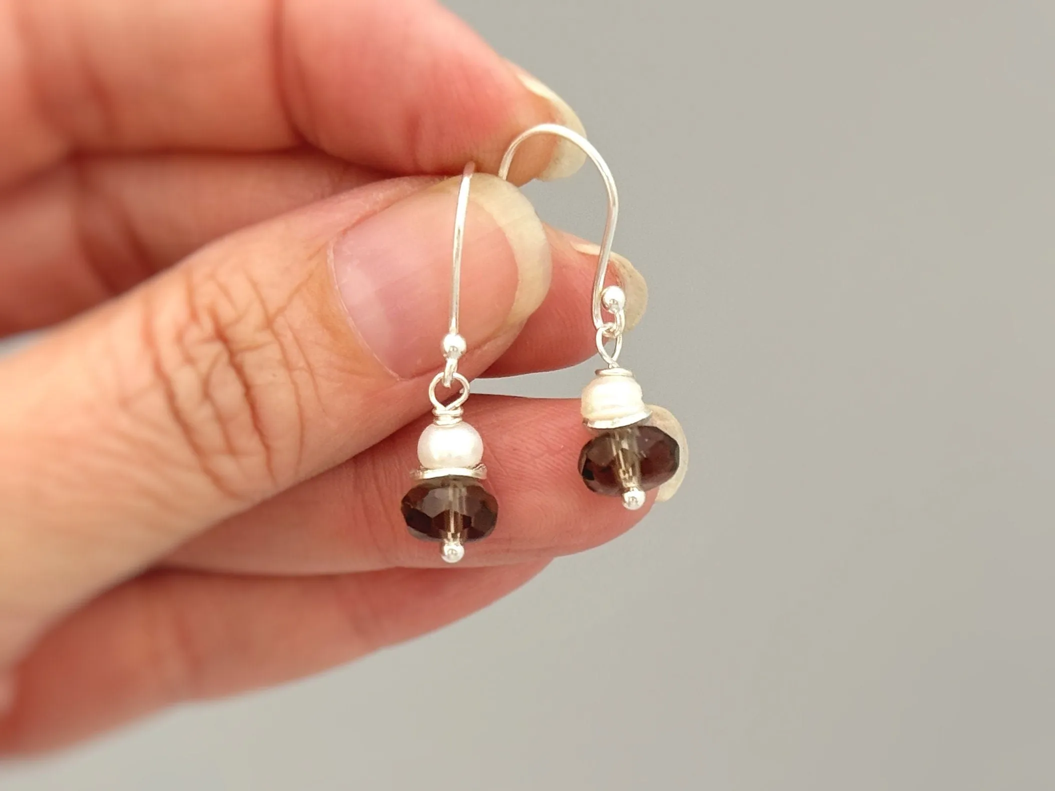 Smoky Quartz Freshwater Pearl Earrings dangle Sterling Silver