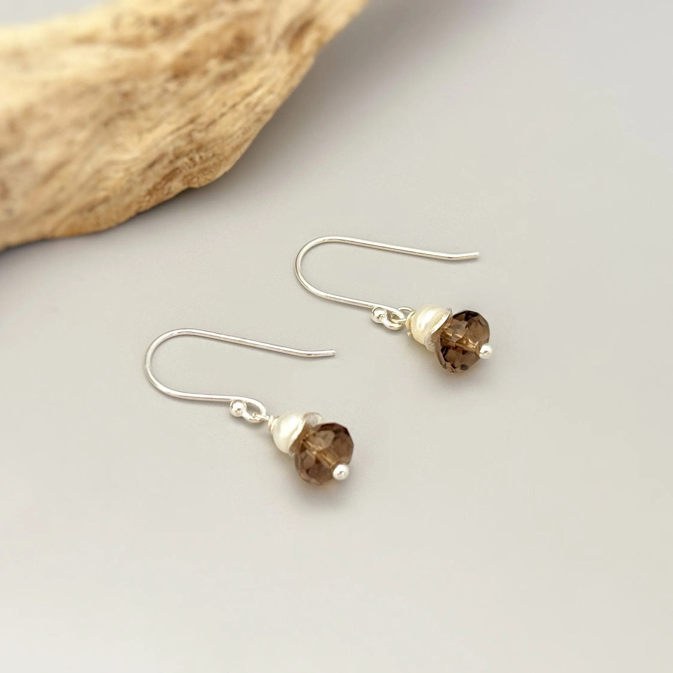 Smoky Quartz Freshwater Pearl Earrings dangle Sterling Silver