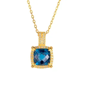 Soleste Halo Square Natural London Blue Topaz Silver Necklace