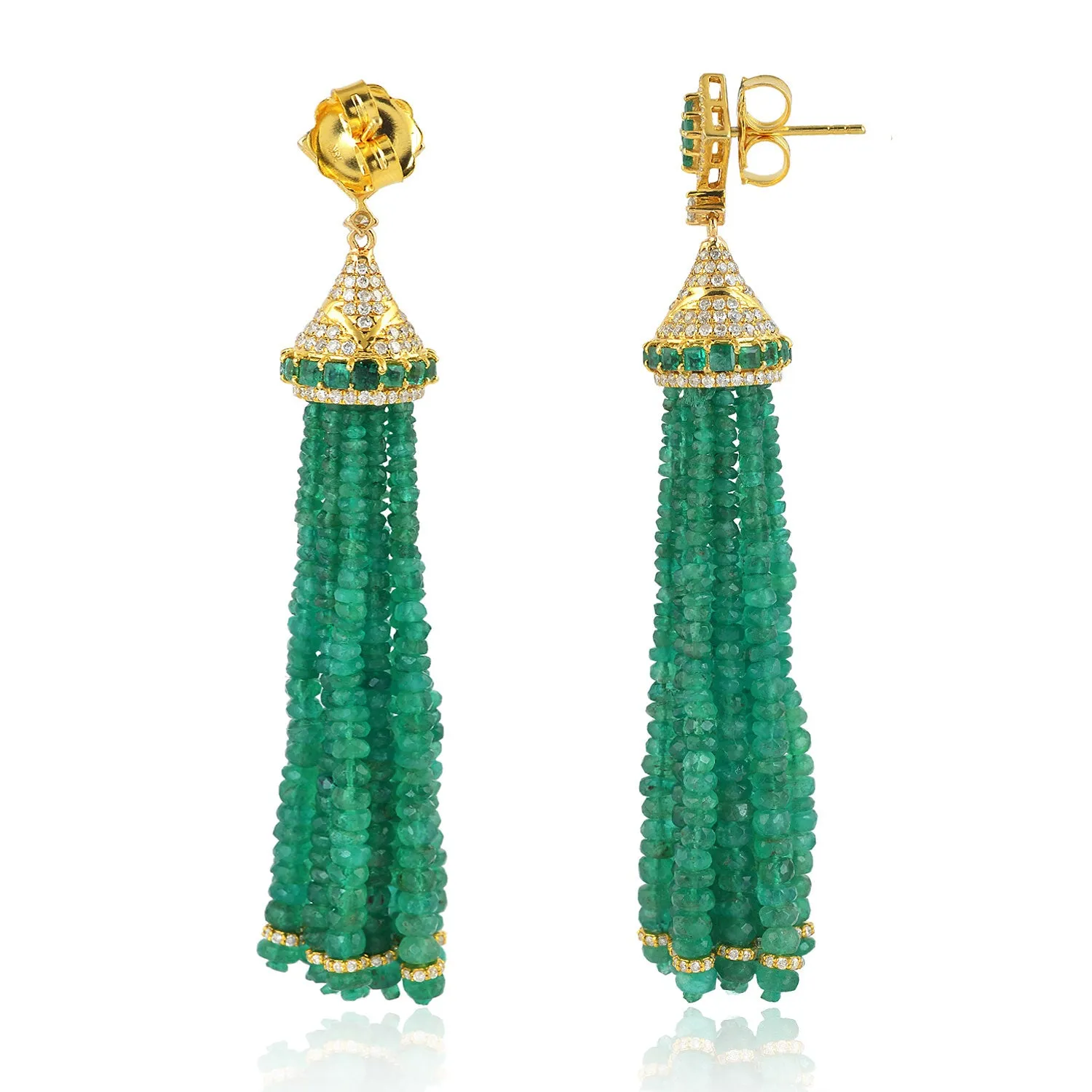 Solid Gold Faceted Beads Emerald Prong Diamond Tassel Design Earrings For Women Wedding