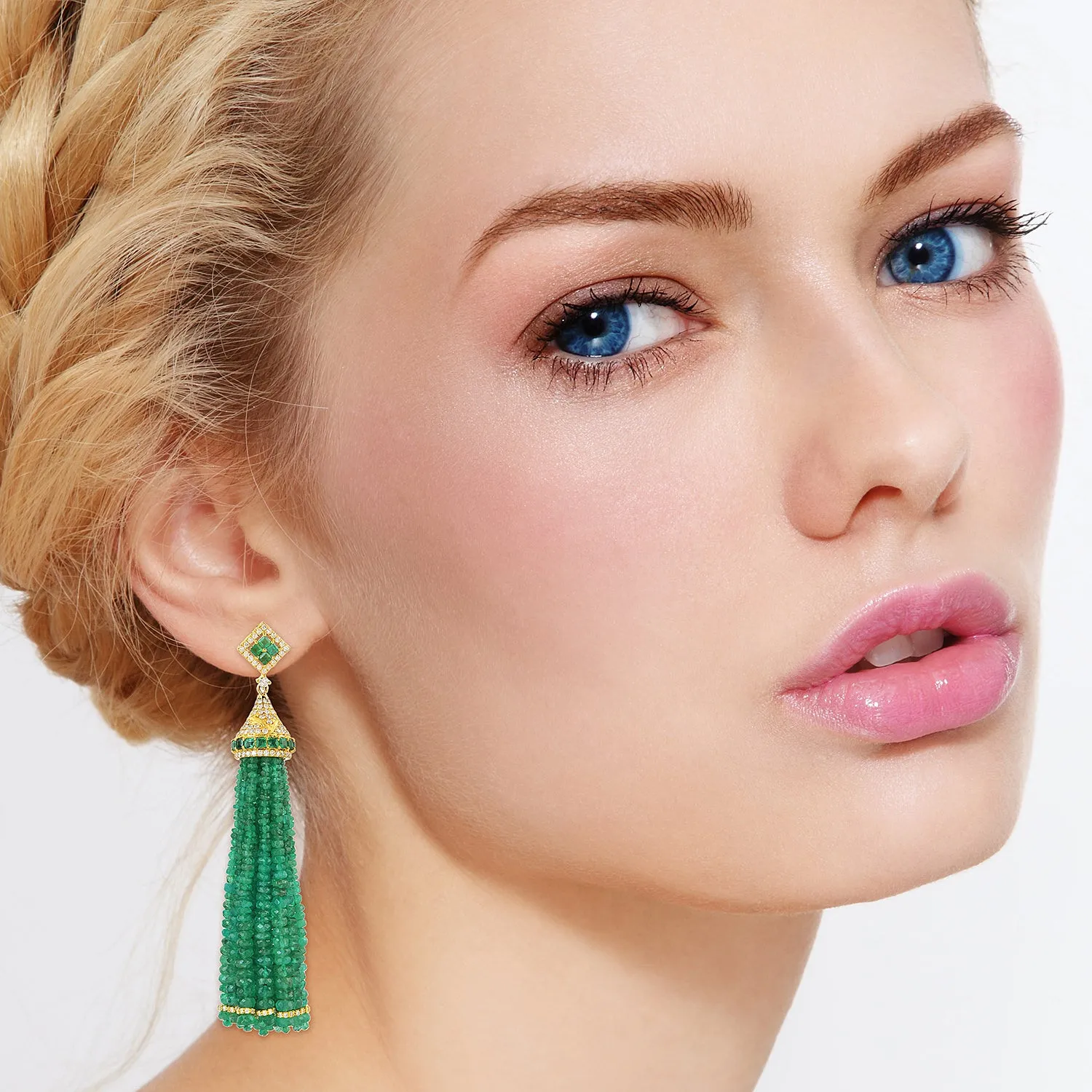 Solid Gold Faceted Beads Emerald Prong Diamond Tassel Design Earrings For Women Wedding