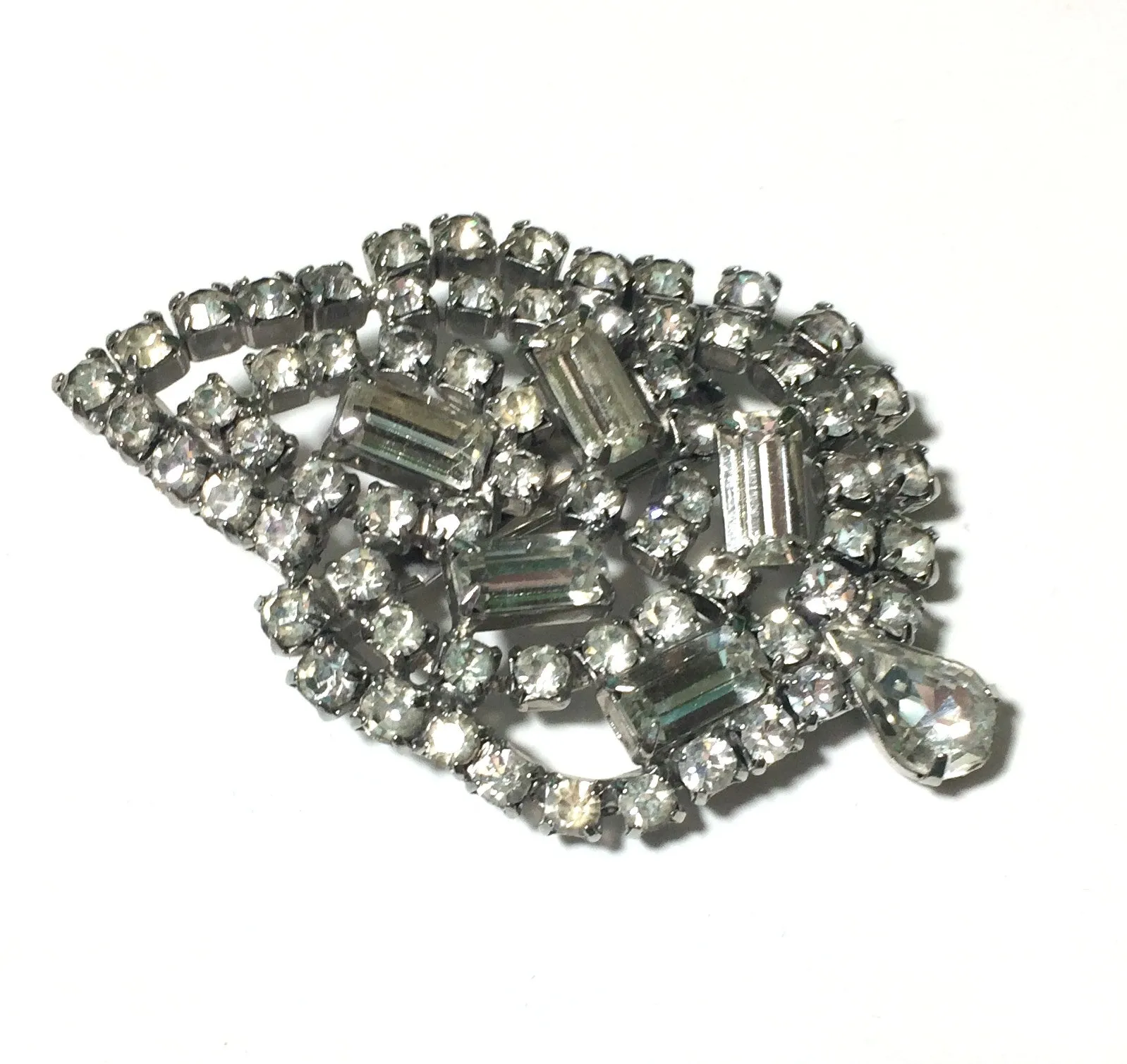 Sparkling Clear Rhinestone Leaf Shaped Statement Brooch circa 1950s