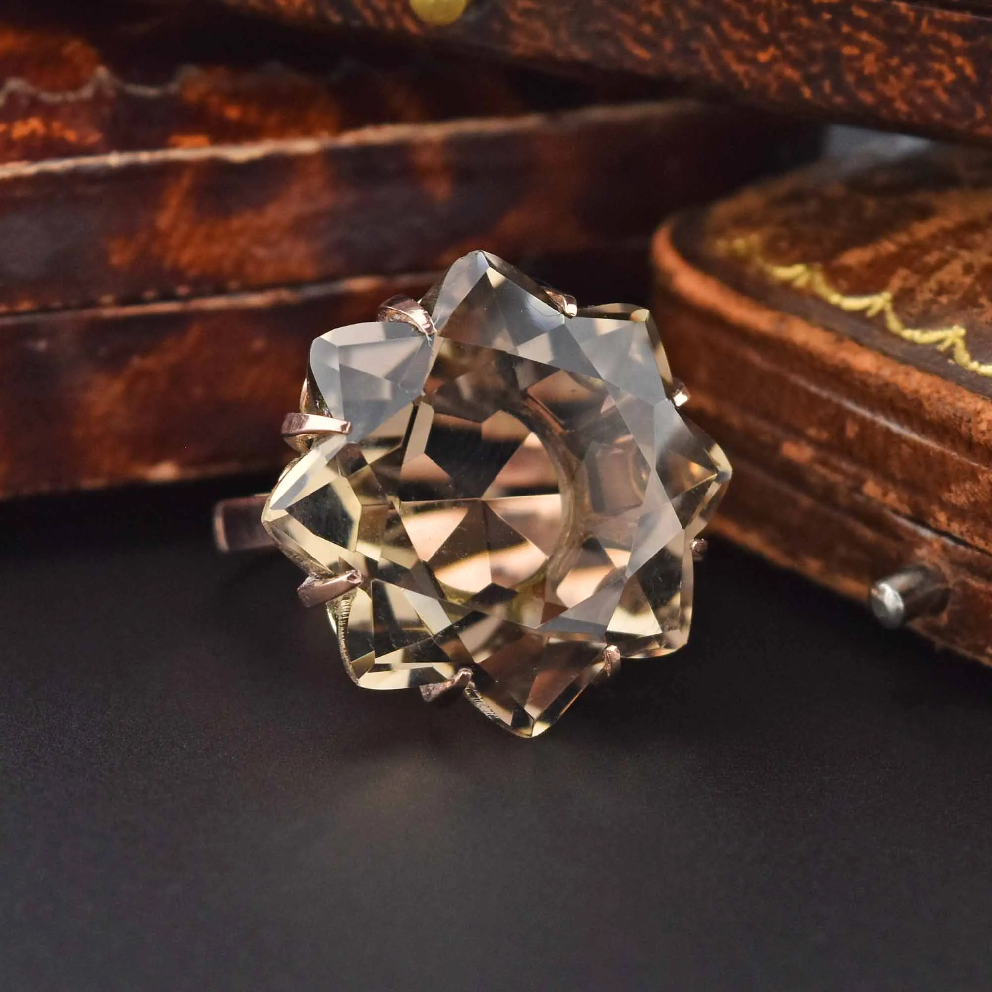 Specialty Cut 25 CTW Smoky Quartz Starburst 18K Gold Ring