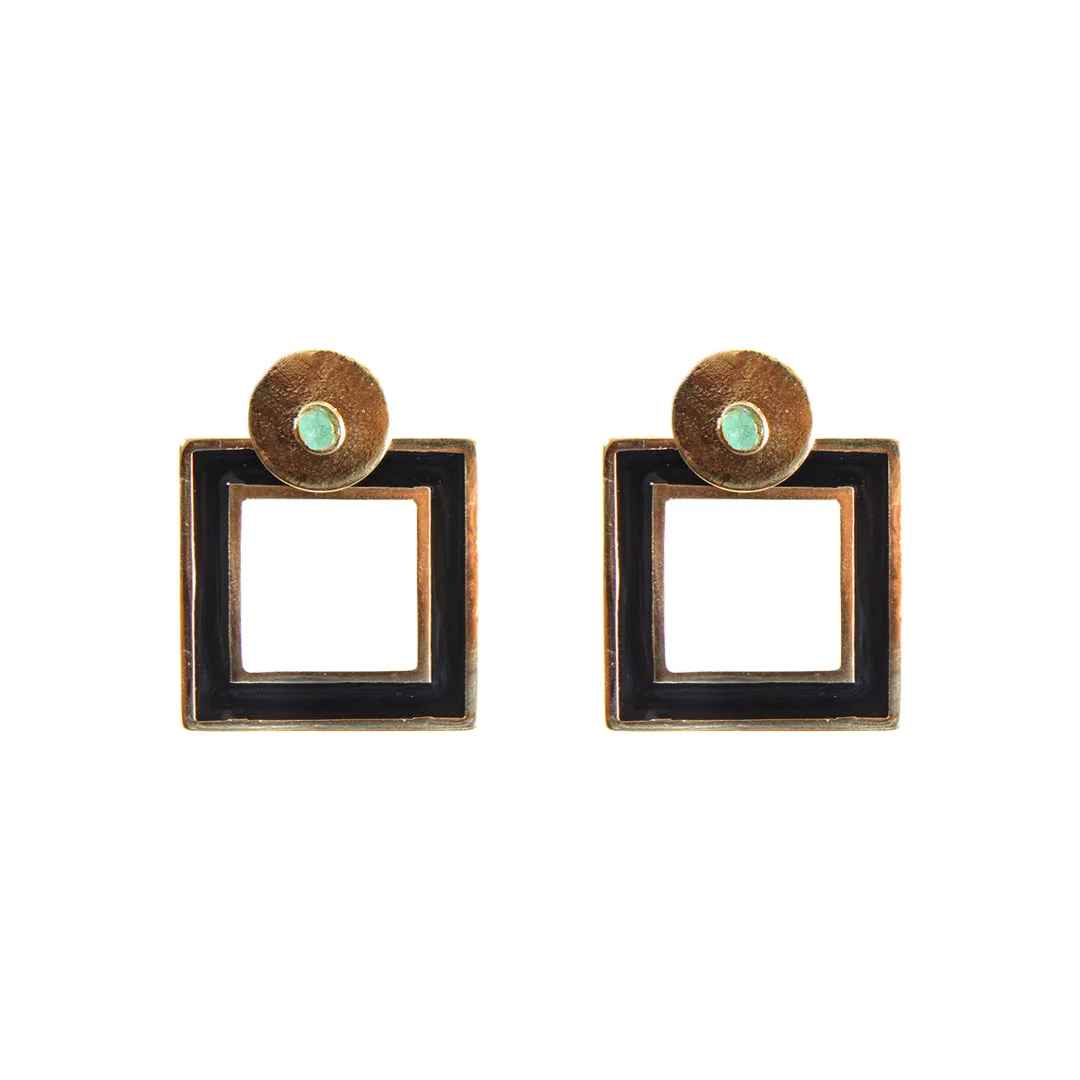 Square Dimensiones Collection Colombian Raw Emerald & 24k Gold Plated Small Earrings