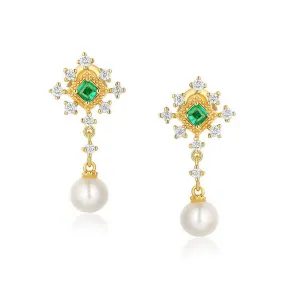 Square Emerald Zircon Snowflake Pearl Sterling Silver Drop Earrings