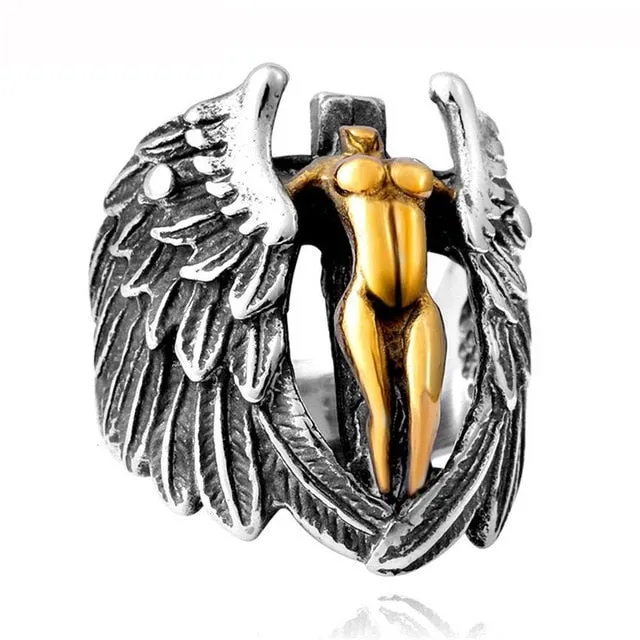 Stainless Steel Guardian Angel Eagle Wings Ring