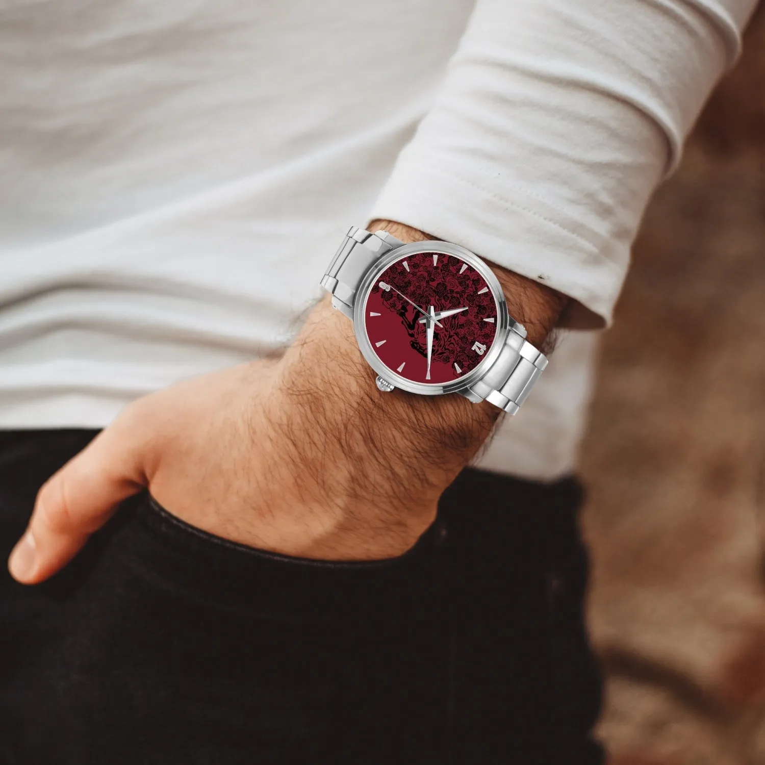 Stainless Steel Strap Automatic Watch [Mens] - Crimson BG_Black Roses